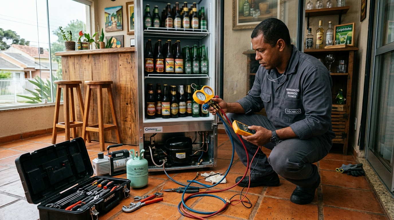 Técnico revisando o motor de uma cervejeira durante chamado em Fortaleza‑CE