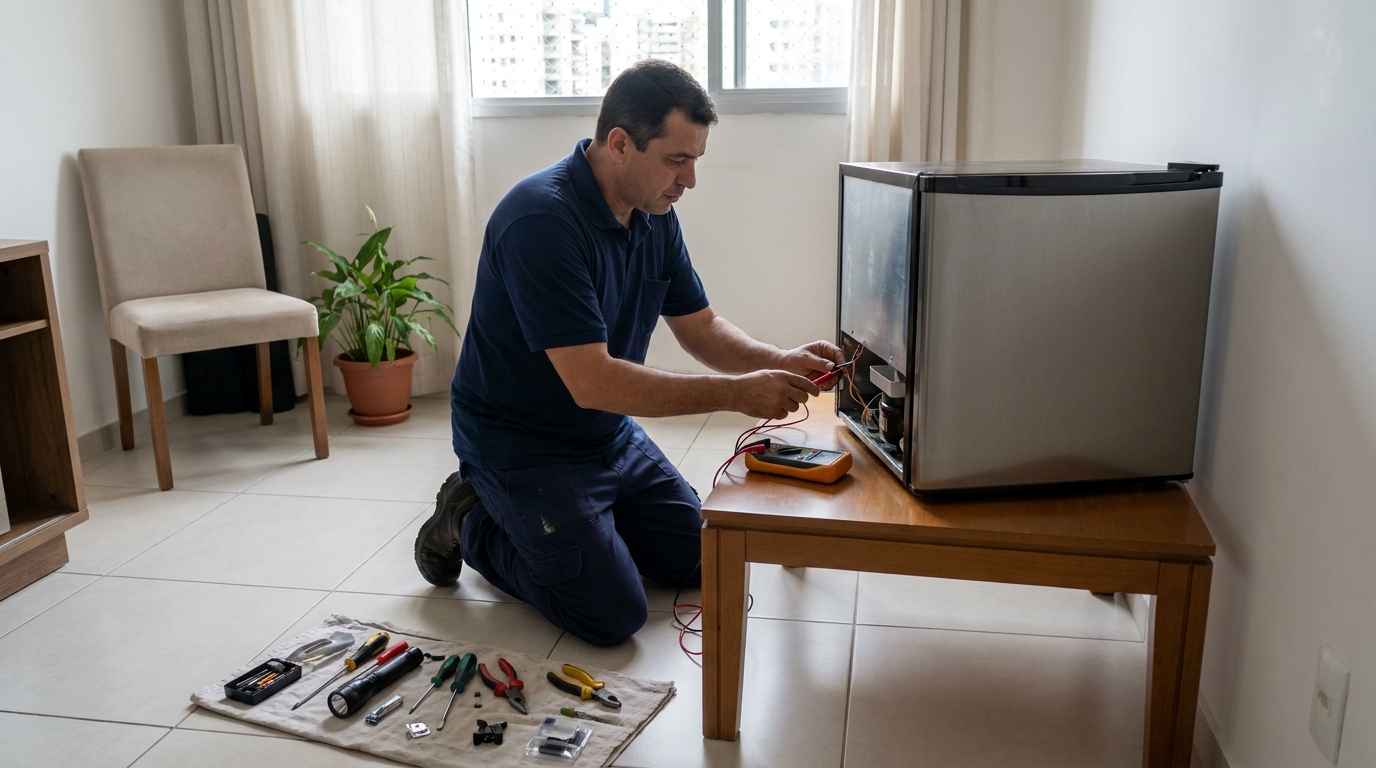 Técnico revisando o motor de um frigobar em Fortaleza‑CE